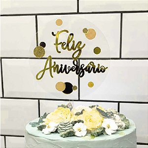 Topo de bolo acrílico FELIZ ANIVERSÁRIO redondo