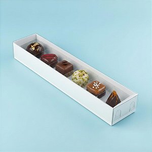 Caixa 6 Doces com Berço Tampa Transparente Nº 4 (23cm x 4cm x 3cm) Branca 10 unidades Assk Rizzo Embalagens