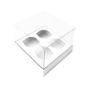 Caixa Mini Cupcake com Tampa Transparente 4 Cavidades (11cm x 11cm x 8,5cm) Branca 10 unidades Assk Rizzo Confeitaria