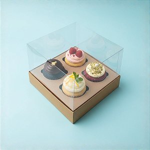 Caixa Mini Cupcake com Tampa Transparente 4 Cavidades (11cm x 11cm x 8,5cm) Kraft - 10 unidades - Assk - Rizzo