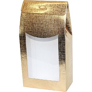 Caixa Sacolinha com Visor P (7,5cm x 19m x 6cm) Dourada 10 unidades Assk Rizzo Confeitaria