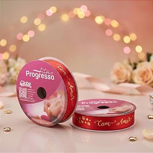 Fita de Páscoa em Cetim 15mmx10m Com Amor Vermelho com Dourado ECF003H 294 Progresso Rizzo Confeitaria