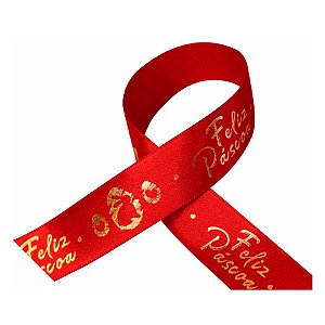 Fita de Cetim para Decoração de Páscoa 22mmx10m Coelho Feliz Páscoa Vermelho com Ouro ECF005H 704 Progresso Rizzo Confeitaria