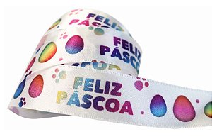 Fita de Cetim para Decoração de Páscoa 22mmx10m Feliz Páscoa Coelhos Coloridos Off com Fundo Off White ECF005TR 042 Progresso Rizzo Confeitaria