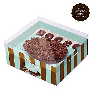 Caixa New Practice Meio Ovo com Bombons Chocolate Listras Turquesa 350g 18,5x17,5x8cm - 06 unidades - Cromus Páscoa