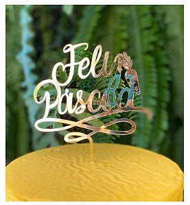 Topo de Bolo Feliz Páscoa Cenoura em Acrílico Metalizado Dourado - Sonho Fino - Rizzo Confeitaria