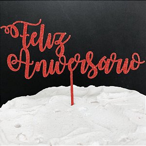 Topo de Bolo Feliz Aniversário Glitter Vermelho Sonho Fino Rizzo Confeitaria