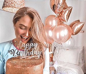 Topo de Bolo Happy Birthday Espelhado Prata Sonho Fino Rizzo Confeitaria