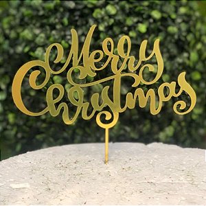 Topo de Bolo Natal Merry Christmas Espelhado Dourado Sonho Fino Rizzo Confeitaria