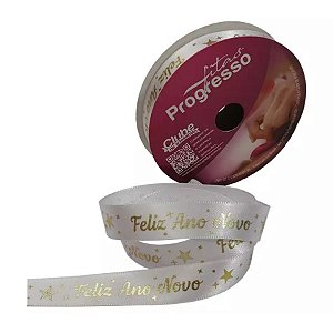 Fita Cetim Branco Feliz Ano Novo ECF003H 366- 15mm x 10m - Progresso - Rizzo Confeitaria