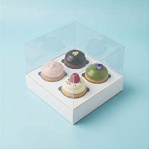 Caixa Mini Cupcake com Tampa Transparente 4 Cavidades (11cm x 11cm x 8,5cm) Branca - 10 unidades - Assk - Rizzo