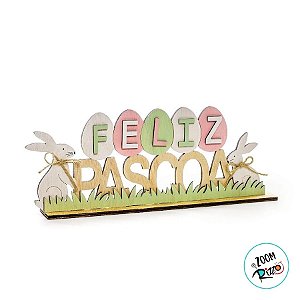 Placa Feliz Páscoa em Madeira Natural Coelhos e Ovinhos - 13cm x 30cm - Cromus Páscoa