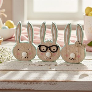 Enfeite Decorativo de Páscoa - Carinha de Coelhos em Madeira Natural - Azul - 15x10x2cm - Cromus Páscoa