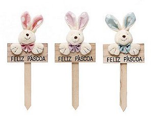 Plaquinha em Madeira Corações Coelho - 22cm x 10cm - Linha Pedacinho de Amor - Cromus Páscoas