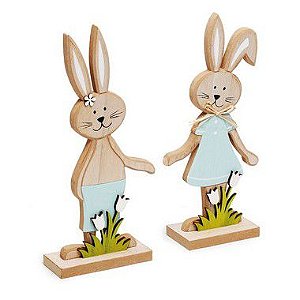 Coelhos Decorativos em Madeira Natural Roupa Azul - 30x10x5cm - Cromus Páscoa