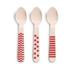 Colher de Madeira Decorada Vermelho - 11cm - 8 unidades - Rizzo