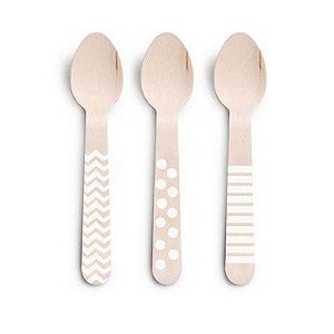 Colher de Madeira Decorada Branco - 11cm - 8 unidades - Rizzo