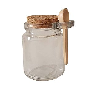 Pote de Vidro com Colher de Madeira e Tampa de Rolha - 255ml - 7cm x 10cm - Rizzo Confeitaria