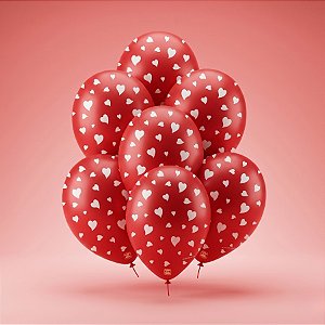 Balão de Festa Decorado Coração - Vermelho 9" 23cm - 25 Unidades - Balões São Roque