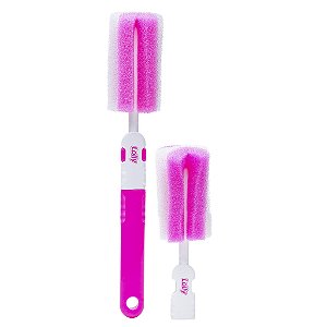 Escova de Limpeza com Esponja para mamamdeira na cor rosa. Acompanha 2 (duas) esponjas e cabo removível