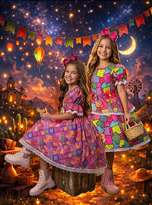 Vestido Mini Miss Junino "Sertão Animado Pink - Luz da Fogueira"