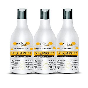 Kit Alto Impacto Shampoo Condicionador Leavein 300ml Anjore Reconstrução Pós Química Geleia Real