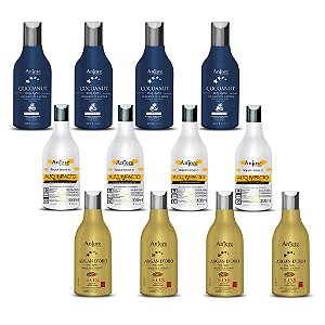 Kit Atacado 12 Leavein Protetor Térmico AntiFrizz 4 Colágeno 4 Coco 4 Argan 300ml Anjore