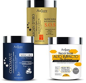 Kit Cronograma Capilar Profissional Máscara de Hidratação Reconstrução e Nutrição Anjore 1kg