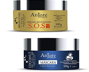Kit 2 Máscaras Anjore 300gr Hidratação Nutritiva Cocoanut e Hidratação Restauradora Argan D'oro