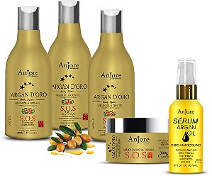 Kit Cauterização Argan D'oro Anjore 5 Itens Hidratação Reconstrução Brilho para Cabelos Danificados