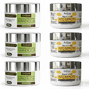 Kit Atacado 3 Máscara Hidratação Mandioca e 3 Máscara Alto Impacto Teia e Colágeno 300gr Anjore
