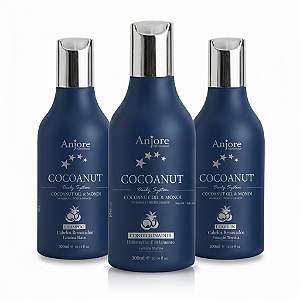 Kit Shampoo Condicionador e Leavein Cocoanut 300m Anjore Hidratação Brilho Nutrição com Óleo de Coco