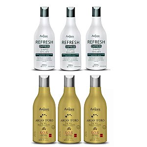 Kit Shampoo Atacado Salão Revenda 3 Refresh Esfoliante e 3 Argan D"oro com Óleo de Argan 300m Anjore