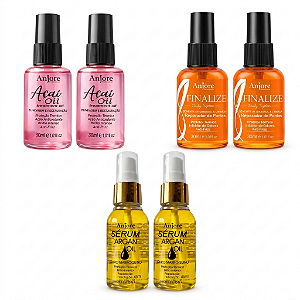 Combo Finalizadores Atacado Revenda Anjore 2 Óleo de Argan 45ml 2 Óleo de Açaí 30ml 2 Reparador 30ml