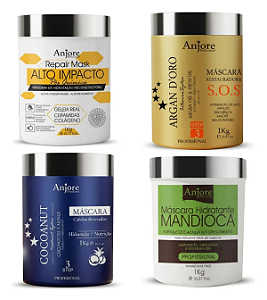 Kit 4 Máscara Tratamento Anjore 1kg Hidratação Mandioca Reconstrução Teia Nutrição Coco Restauração