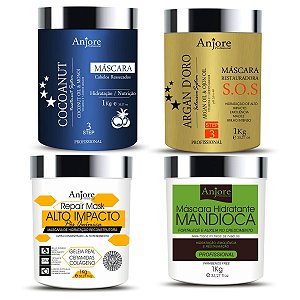Kit 4 Máscara Tratamento Anjore 1kg Hidratação Mandioca Reconstrução Teia Nutrição Coco Restauração