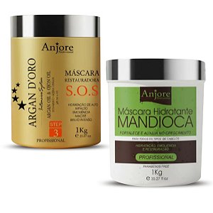 Kit Cronograma Capilar 2 Máscara Tratamento Anjore 1kg Hidratação Mandioca Argan Restauração