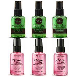 Kit Atacado Reparador de Pontas Anti Frizz 3 Óleo Pistache 30ml e 3 Óleo de Açaí 30ml Anjore Revenda