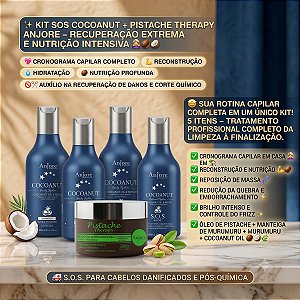 Kit SOS Cocoanut + Pistache Therapy Anjore 5 Produtos Cabelos Danificados Quebradiços Emborrachados