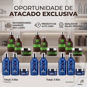 Kit Manutenção Capilar Atacado Shampoo Condicionador e Máscara 3 Cocoanut e 3 Pistache 300gr Anjore