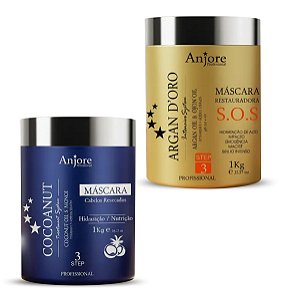 Kit Cronograma Capilar Anjore 2 Máscaras 1kg Hidratação E Nutrição Com Óleo de Coco e Argan