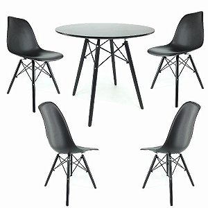 Kit Mesa Eiffel 80 cm Preto + 4 Cadeiras Eiffel Pretas com Base Preta