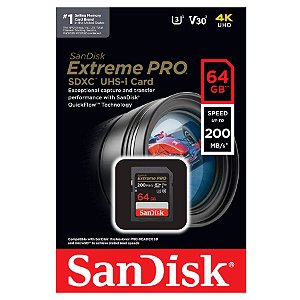 Cartão de Memória Sandisk SDXC 64GB Extreme Pro UHS-I V30 200mb/s