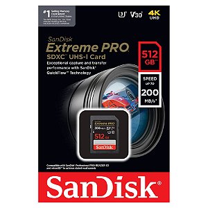 Cartão de Memória Sandisk SDXC 512GB Extreme Pro UHS-I V30 200mb/s