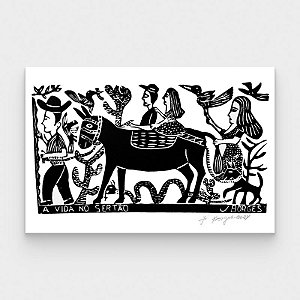 Xilogravura A Vida no Sertão G - assinada por J. Borges - PE (Última Peça)