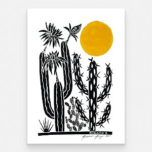 Xilogravura "Cactos e Sol Amarelo" M 2025 - Bacaro Borges - PE