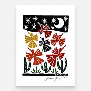 Xilogravura Pássaros Coloridos 1 P - Bacaro Borges - PE