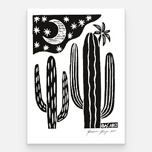 Xilogravura Cacto, Lua e Flor P - Bacaro Borges - PE
