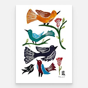 Xilogravura "Pássaros na Natureza" P - Edna - PE