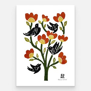Xilogravura "Pássaros e Flores 1" P 2026 - Edna - PE